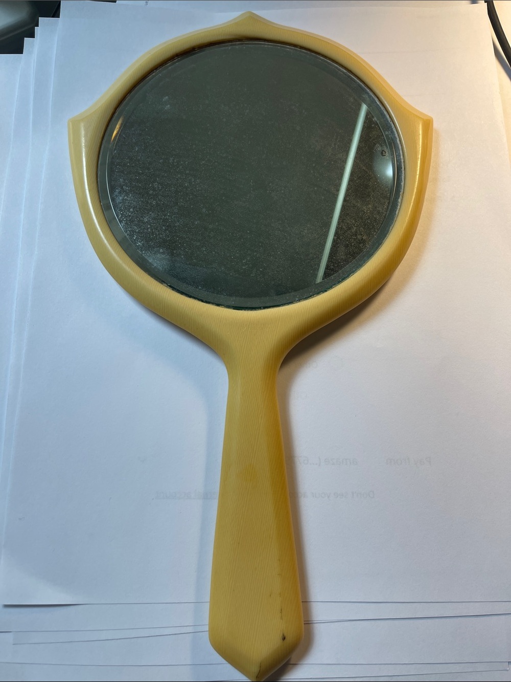 Vintage Art Deco  French Ivory Celluloid  Handheld Mirror